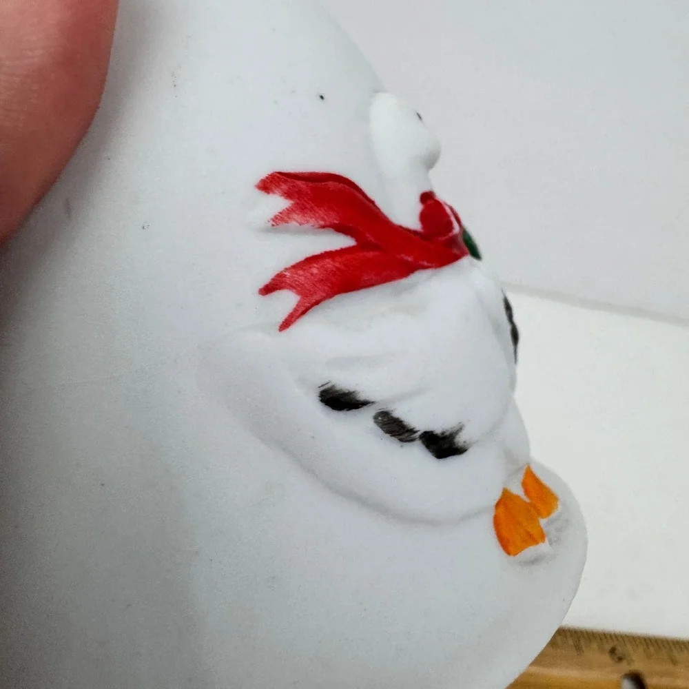 Vtg White Ceramic Unglazed Christmas Holiday Goose Hand Bell 3D Red Green READ